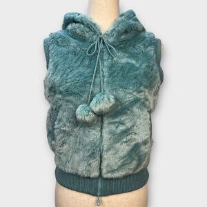 Vintage Y2K Wet Seal Faux Fur Vest Women M Winter Hoodie Plush Zip Pom Poms Cozy
